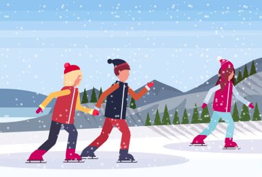 buz pateni pisti kış spor faaliyetleri karlı dağ köknar ağacı orman manzara arka plan tam uzunlukta profil düz yatay pateni insanlar