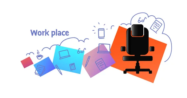 Trabalho lugar cadeira escritório espaço de trabalho conceito esboço doodle horizontal isolado plana — Vetor de Stock