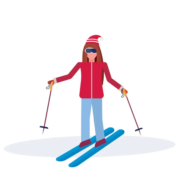 Woman skiing sport activities lady wearing goggles ski suit female carton character sportswoman on skis full length flat isolated — Stock Vector