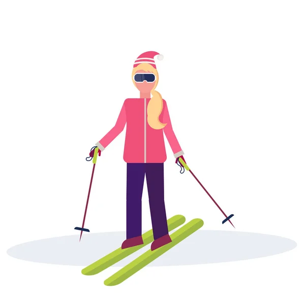 Woman skiing sport activities lady wearing goggles ski suit female carton character sportswoman on skis full length flat isolated — Stock Vector