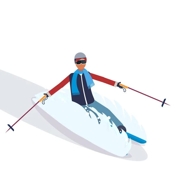 Man skiing fresh powder sport activities guy wearing goggles ski suit male carton character sportswoman on skis full length flat isolated — Stock Vector