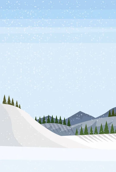 Winter snowy mountain hill fir tree forest landscape background vertical flat — Stock Vector