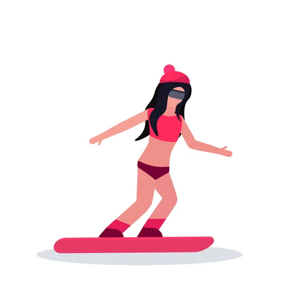 Sexy snowboarder femme en maillot de bain activités de sport d'hiver dame portant bikini femme carton personnage sportif snowboard pleine longueur appartement isolé — Image vectorielle