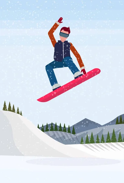 Snowboarder man springen besneeuwde berg fir tree forest landschap achtergrond sportman snowboarden wintervakantie plat verticale — Stockvector