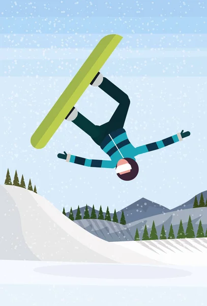 Snowboarder homem saltando neve montanha abeto floresta paisagem fundo desportista snowboard inverno férias plana vertical — Vetor de Stock