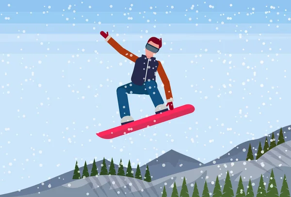 Snowboarder hombre saltar nevado montaña abeto bosque paisaje fondo deportista snowboard invierno vacaciones piso horizontal — Vector de stock