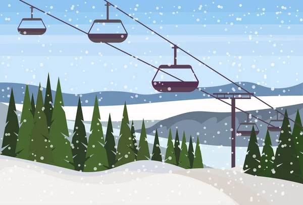 Cable car in winter snowy mountain fir tree forest landscape background ski resort horizontal flat — Stock Vector