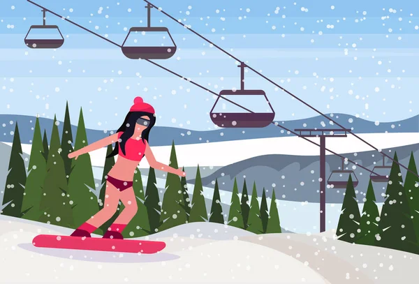 Sexy snowboarder mujer en traje de baño deslizándose abajo invierno nevado montaña abeto bosque paisaje cable coche fondo esquí estación horizontal plana — Archivo Imágenes Vectoriales