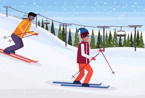 Mezcla raza esquiadores deslizándose abajo invierno nevado montaña abeto bosque paisaje cable coche fondo esquí estación horizontal plano — Archivo Imágenes Vectoriales