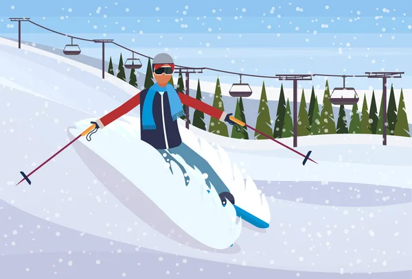 Mężczyzna narciarz zjeżdżać świeżego proszku ośnieżonych górskich jodła Drzewo Las Krajobraz linowej tło facet narty zimowe wakacje wektor płaską, poziomą ilustracja — Wektor stockowy