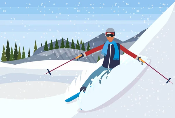 Esquiador homem deslizando para baixo fresco pó nevado montanha abeto floresta paisagem fundo cara esqui inverno férias plana horizontal — Vetor de Stock