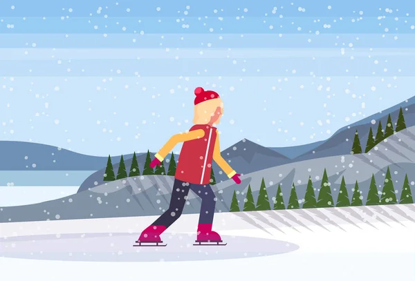 年轻女孩滑冰溜冰场冬季运动活动雪山冷杉树森林景观背景全长轮廓平水平 — 图库矢量图片