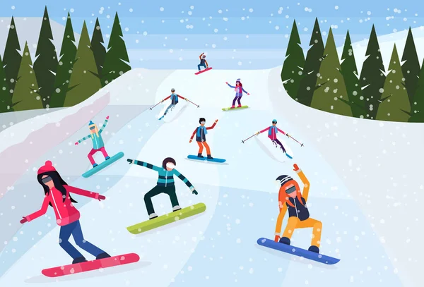 Snowboarders συρόμενη κάτω χιονισμένο βουνό λόφο fir tree τοπίο φόντου άνθρωποι snowboarding χειμερινές διακοπές έννοια οριζόντια επίπεδη — Διανυσματικό Αρχείο