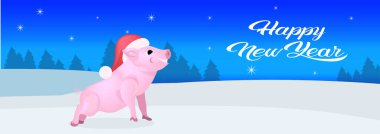 sevimli domuz kırmızı şapka mutlu yeni yıl neşeli Noel kavramı düz kış orman manzara arka plan yatay banner vektör çizim