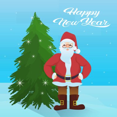 Noel Baba köknar ağacı mutlu yeni yıl neşeli Noel kavramı düz vektör çizim yakınındaki