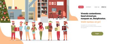 mix yarış insanlar grubu modern ofis iç hediye kutusu mevcut neşeli Noel mutlu yeni yıl kavramı düz yatay kopya alanı vektör çizim holding