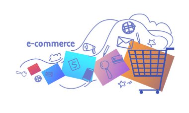 E-ticaret online alışveriş sepeti teknoloji yatay banner kroki doodle vektör çizim