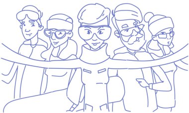Selfie fotoğrafta akıllı telefon kamera Kış etkinliği snowboard spor kroki doodle yatay üzerinde insanlar grubu