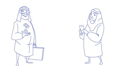 Çift zengin Arap işadamları iletişim iş başarı para dolar paraları tutan smartphone kullanarak dijital gözlük kroki sanal gerçeklik giymek yatay doodle