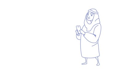 Smartphone iş başarı kavramı kroki doodle yatay kullanarak zengin Arap işadamı