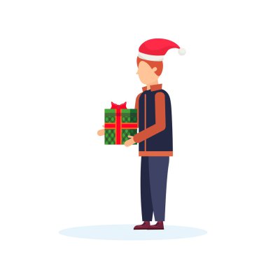 izole hediye kutusu mevcut mutlu yeni yıl neşeli Noel kavramı erkek çizgi film karakteri profili tam uzunlukta tutan adam