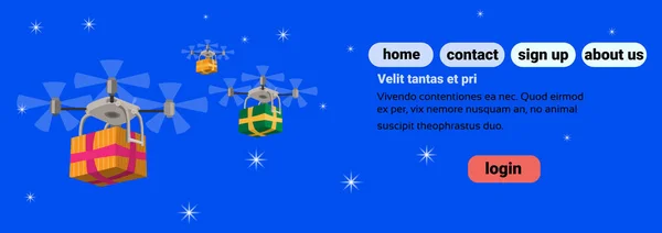 Drony Doručení Předložit Nový Rok Veselé Vánoce Svátek Koncept Modré — Stockový vektor