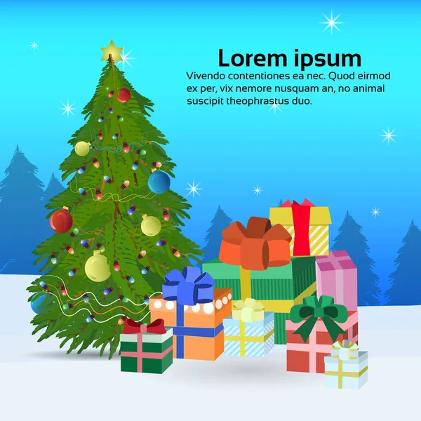 Fir Tree Ingericht Kleurrijke Ballen Geschenk Dozen Gelukkig Nieuwjaar Merry — Stockvector