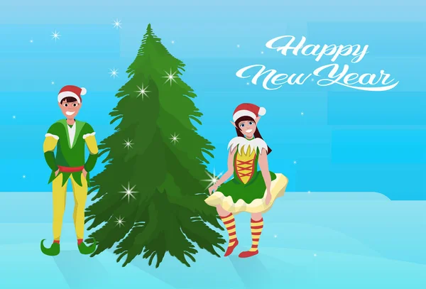 Couple Garçon Fille Elfe Costume Près Sapin Heureux Nouvelle Année — Image vectorielle
