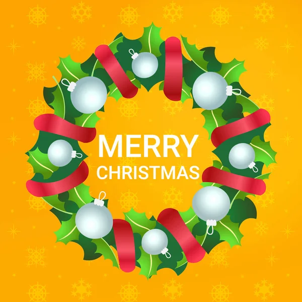 Christmas Decoration Wreath Red Ribbon White Balls Flat Vector Illustration — Stock Vector