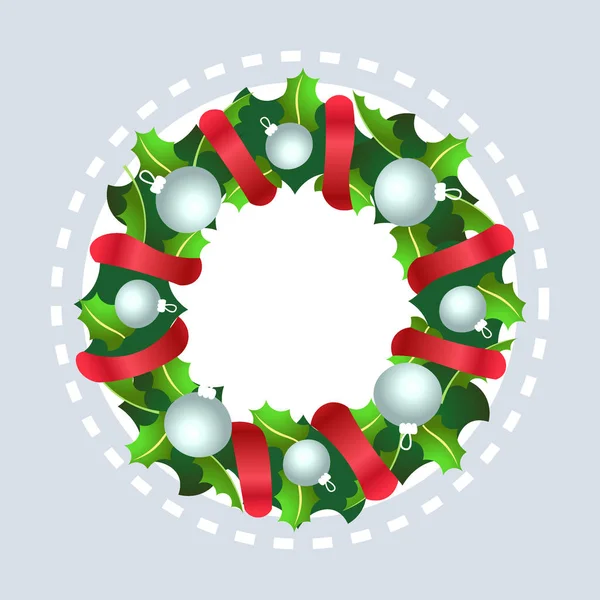 Couronne Décoration Noël Avec Ruban Rouge Boules Blanches Illustration Vectorielle — Image vectorielle