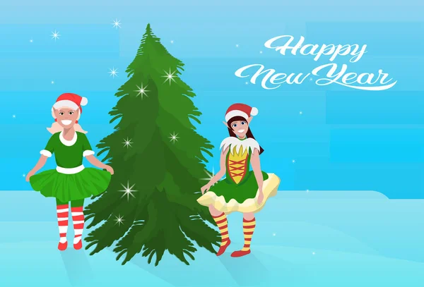 Couple Filles Elfe Costume Près Sapin Heureux Nouvelle Année Joyeux — Image vectorielle