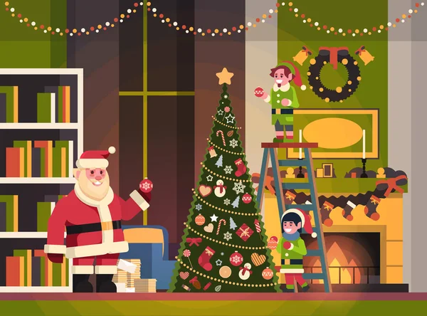 Santa Claus Con Elfos Escalera Decorar Abeto Sala Estar Interior — Archivo Imágenes Vectoriales