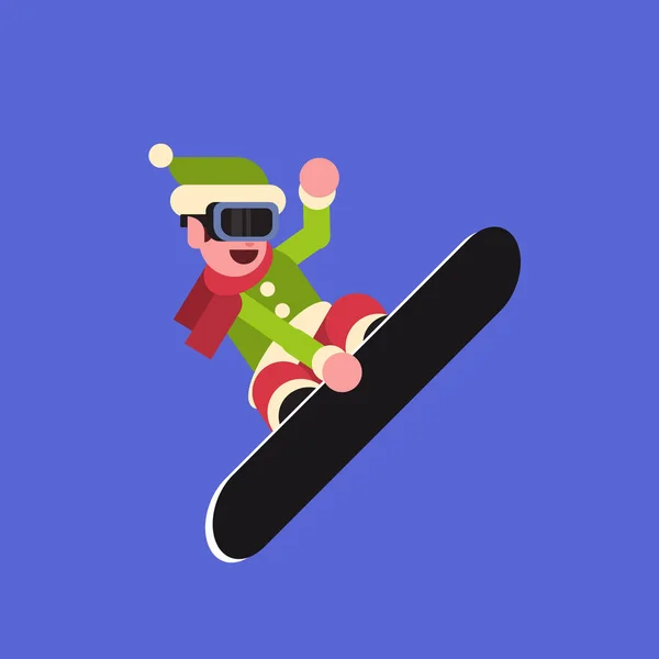 Elfo Verde Fazendo Salto Snowboard Feliz Ano Novo Feliz Natal — Vetor de Stock