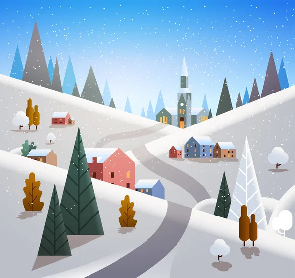 Winter village houses mountains hills landscape snowfall background flat — Stock Vector