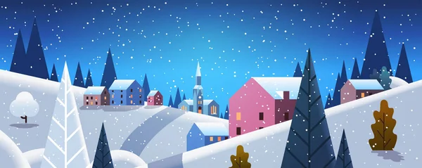 Nuit hiver village maisons montagnes collines paysage neige fond bannière horizontale plat — Image vectorielle