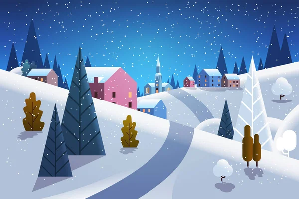 Domy wioski zimowych nocy góry wzgórzami krajobraz śniegu tło poziome z płaskim — Wektor stockowy