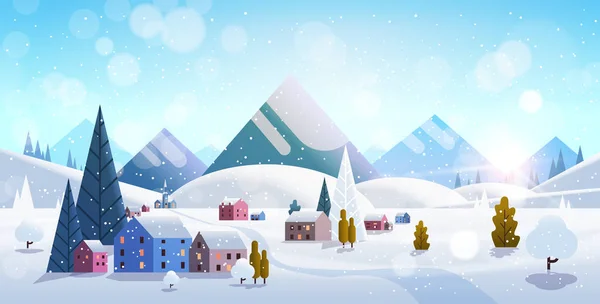 Winter dorp huizen bergen heuvels landschap sneeuwval achtergrond horizontale flat — Stockvector