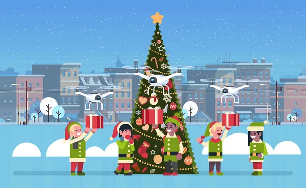 Elfo celebración regalo caja regalo regalo drone entrega servicio navidad vacaciones año nuevo concepto paisaje urbano fondo plano horizontal — Archivo Imágenes Vectoriales