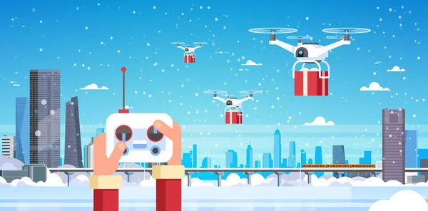 Mãos humanas segurar controlador drone serviço de entrega sobre moderno inverno cidade monorail arranha-céu cityscape snowfall fundo horizontal plana —  Vetores de Stock
