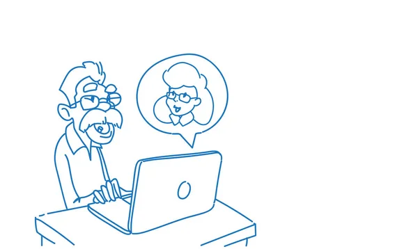 Senior man using laptop chat bubble online communication with woman speech conversation concept sketch doodle horizontal — Stock Vector