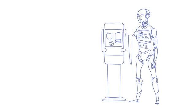 Robô moderno carregamento bateria futurista inteligência artificial conceito de tecnologia esboço doodle horizontal — Vetor de Stock