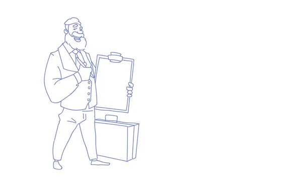 Businessman holding lista di controllo appunti business survey form schizzo doodle orizzontale — Vettoriale Stock
