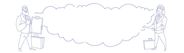 Dos mezclar carrera empresarios mantener lista de verificación chat burbuja nube comunicación concepto negocio sociedad bosquejo doodle horizontal — Vector de stock