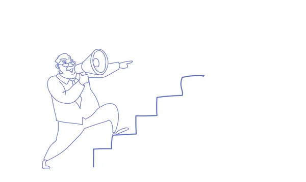 Spiker Man trzymaj głośnik wspiąć się kariery drabiny przywództwa koncepcja szkic doodle poziome — Wektor stockowy