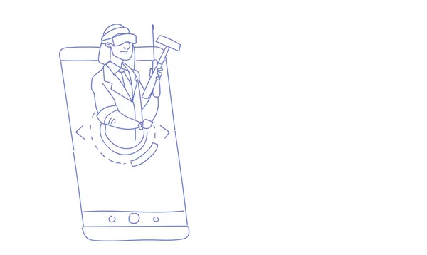Árabe homem desgaste virtual realidade óculos segurar ferramentas de tela móvel smartphone reparação conceito esboço doodle horizontal vetor ilustração — Vetor de Stock