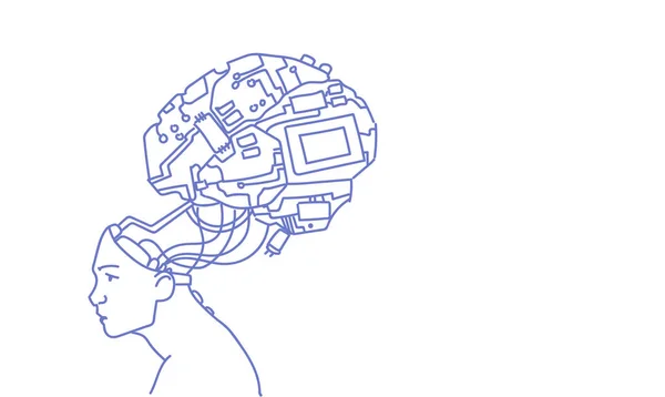 Modern cyborg beyin yapay zeka teknoloji kavramı ile insan kafası doodle yatay kroki — Stok Vektör
