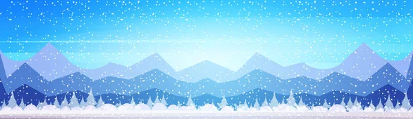 Winter mountain forest landscape background pine snow trees woods flat horizontal banner — Stock Vector