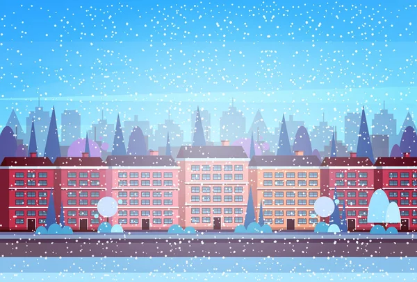 도시 건물 겨울 거리 풍경 배경 메리 크리스마스 해피 뉴가 어 개념 평면 수평 평면 — 스톡 벡터