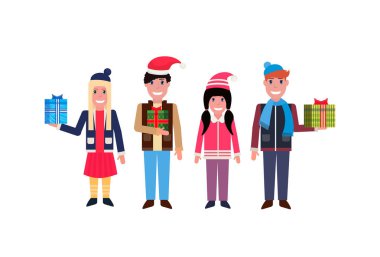 insanlar mevcut hediye kutusu mutlu yeni yıl neşeli Noel kavramı erkek erkek çizgi film karakteri tam uzunlukta izole yatay tutun