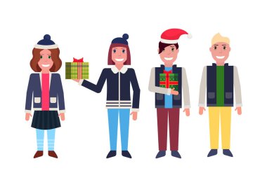 tam uzunlukta izole yatay erkekler kadının birlikte mutlu yeni yıl neşeli Noel kavramı erkek kadın karikatür karakter